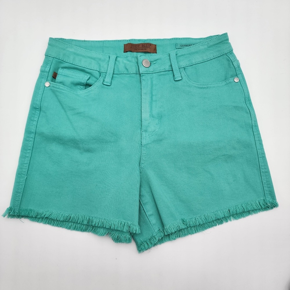 Judy‎ Blue Shorts Women's Medium Green Denim Frayed Hem Garment Dyed Stretch